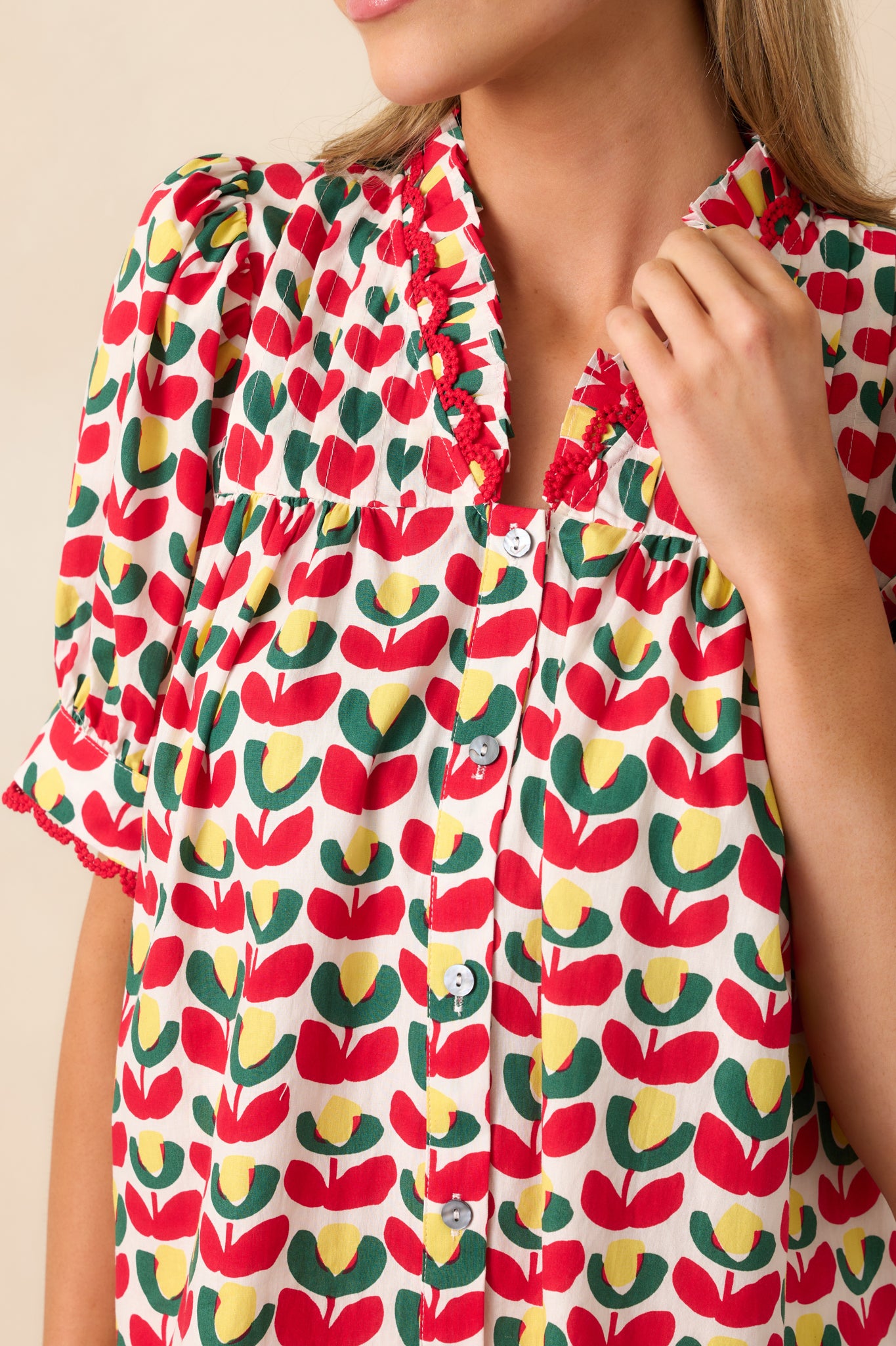 Lemonade Stand Cotton Red Floral Button Front Blouse