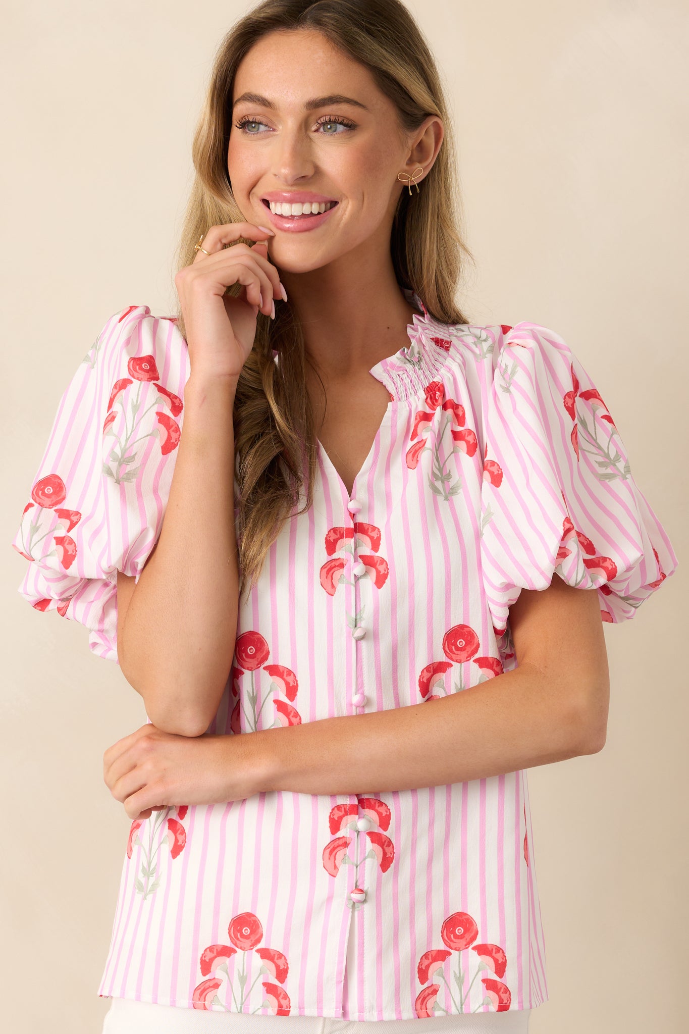 Poppy Fields Pink Button Front Puff Sleeve Top