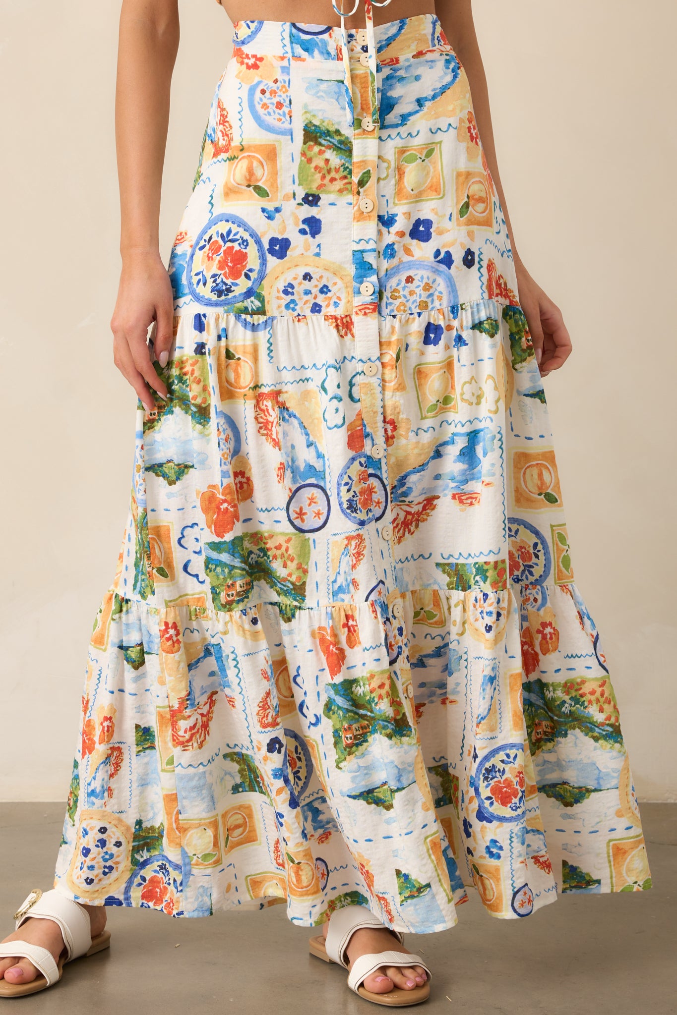 Lagoon Daydreams Blue Multi Watercolor Print Maxi Skirt