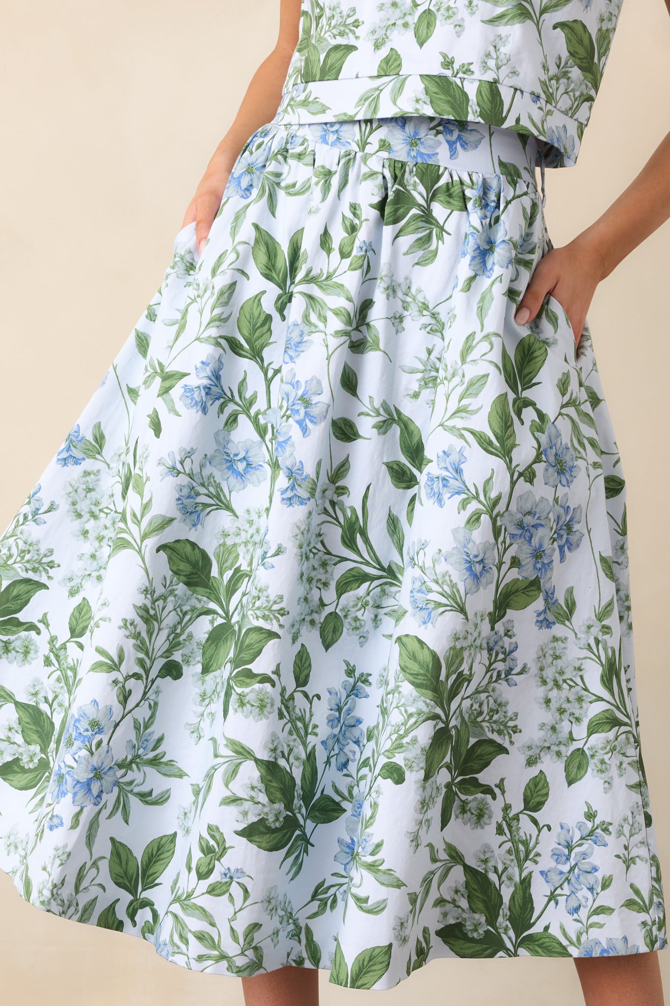 Thena Blue Lilacs Botanical Belted Midi Skirt