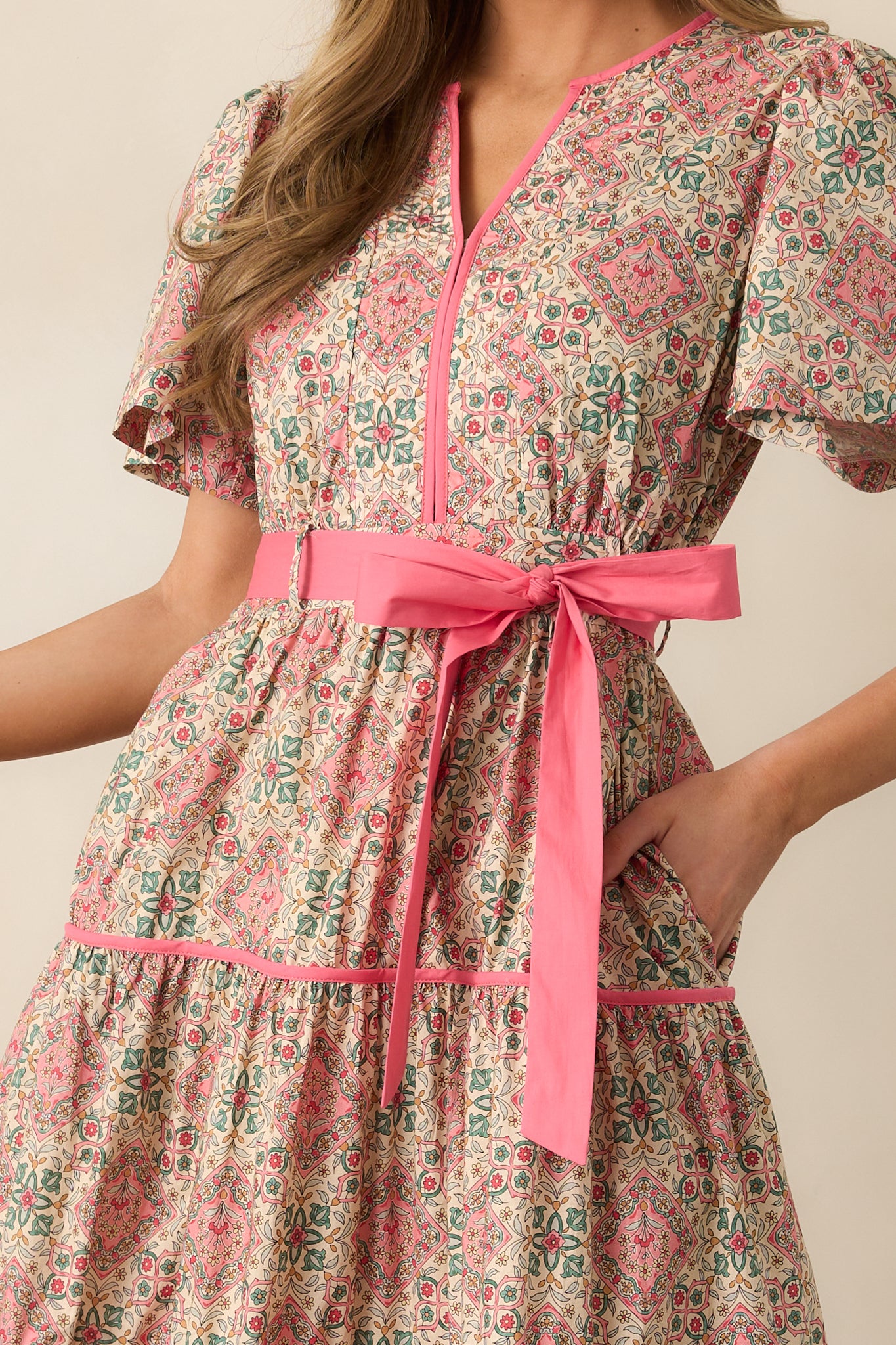 Sunday Best Pink Geometric Floral Cotton Midi Dress