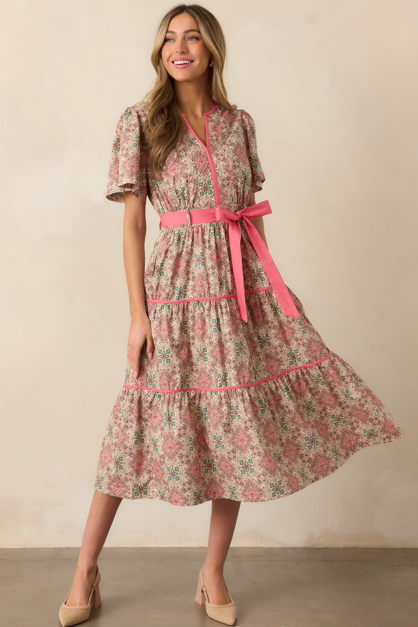 Sunday Best Pink Geometric Floral Cotton Midi Dress