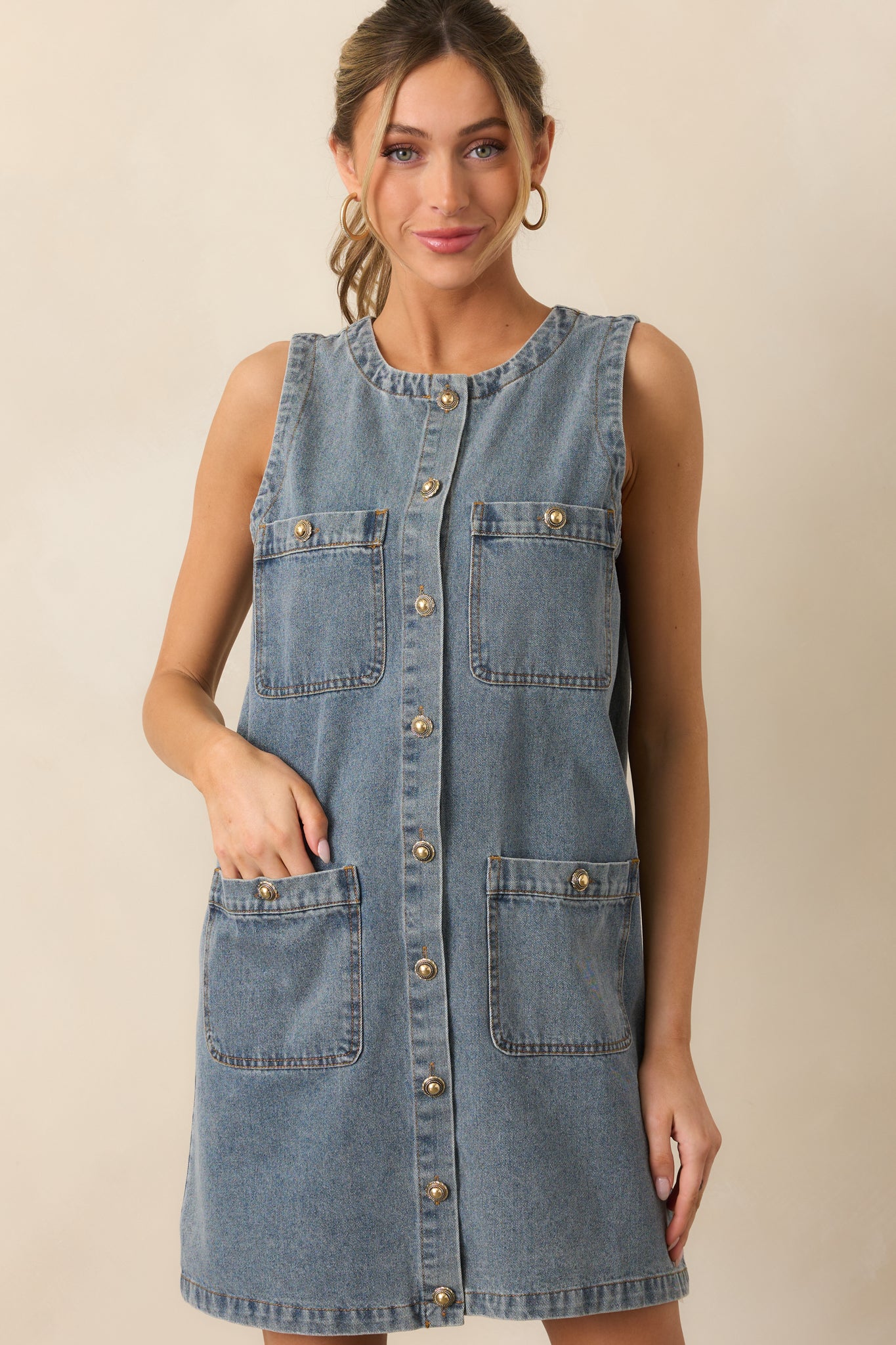 Urban Legend Medium Wash Button Front Denim Mini Dress