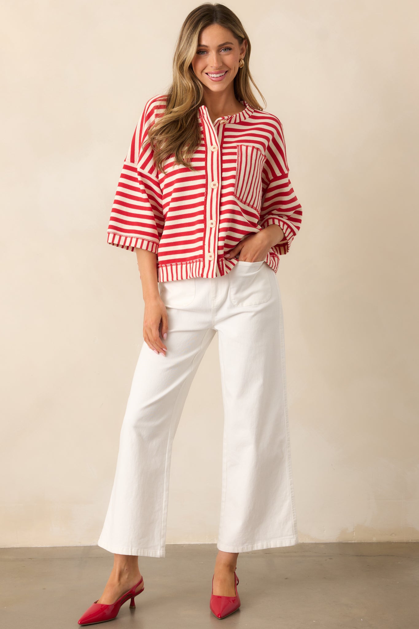 Let's Sail Away Cotton Red Stripe Canvas Button Front Top