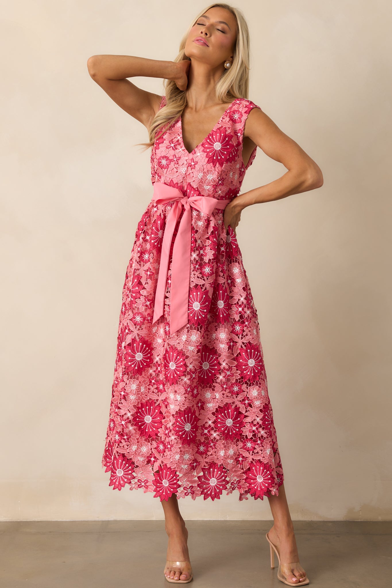 First Dance Pink Floral Embroidered Midi Dress