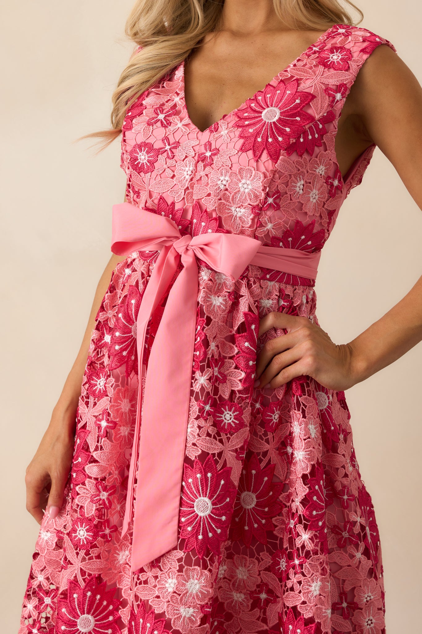 First Dance Pink Floral Embroidered Midi Dress