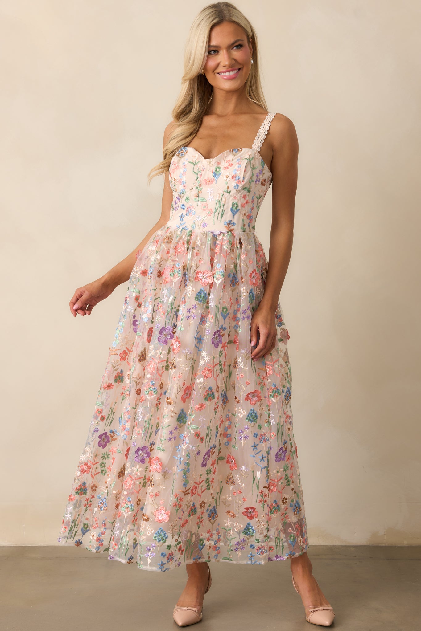 Social Season Rose Pink Floral Embroidered Midi Dress