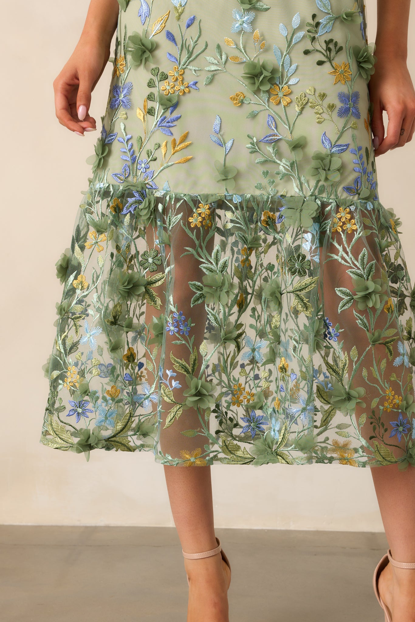 Back In Bloom Green Floral Embroidered Midi Dress