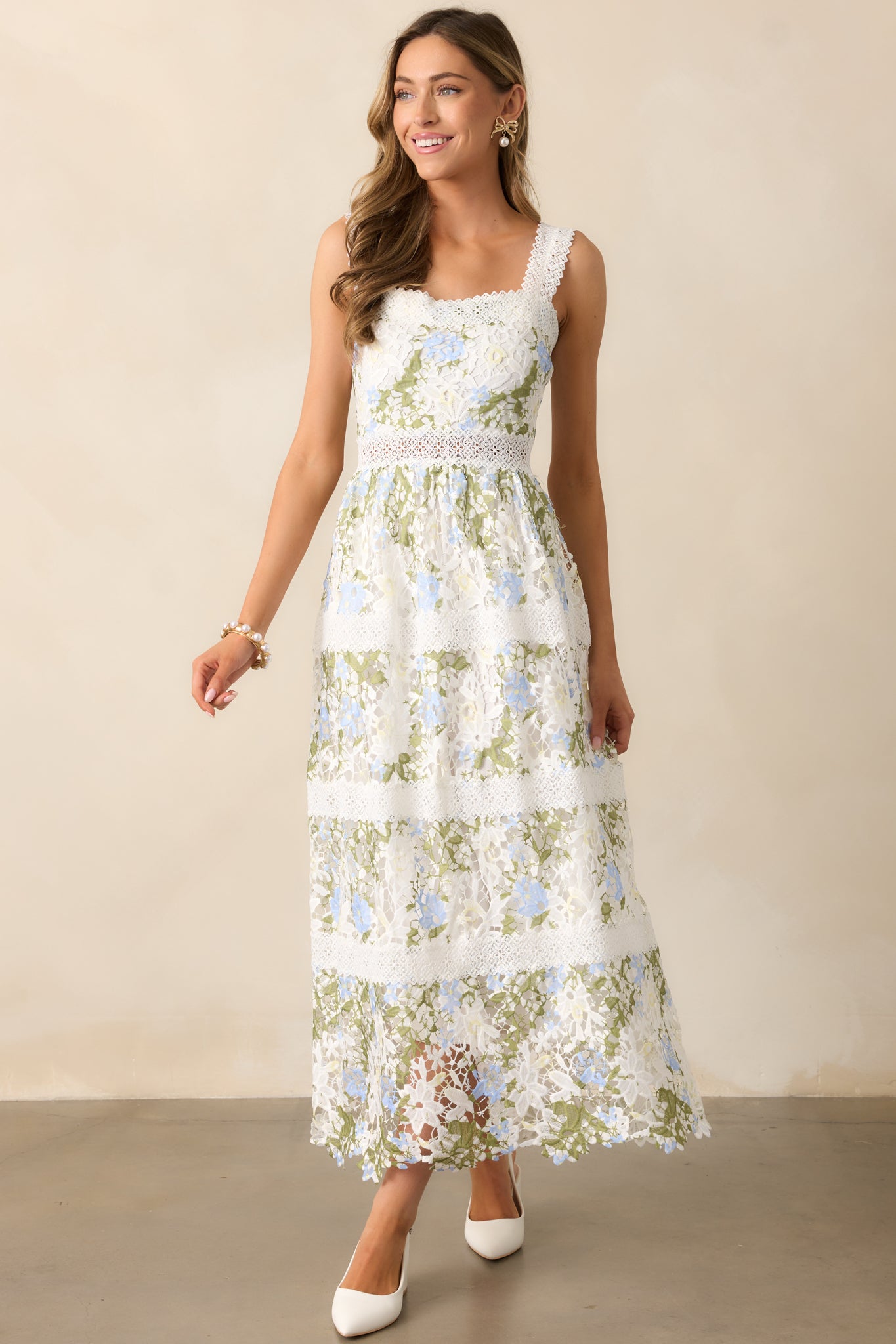 Spring Romance Ivory Floral Embroidered Midi Dress