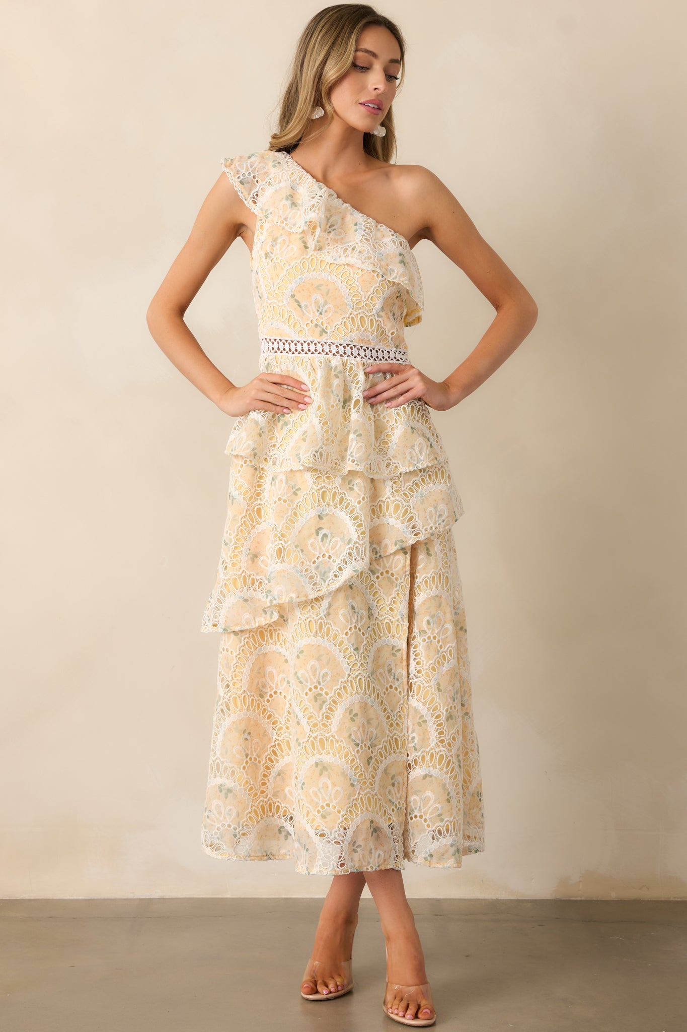 Vineyard Stroll Yellow Floral Embroidered One Shoulder Midi Dress