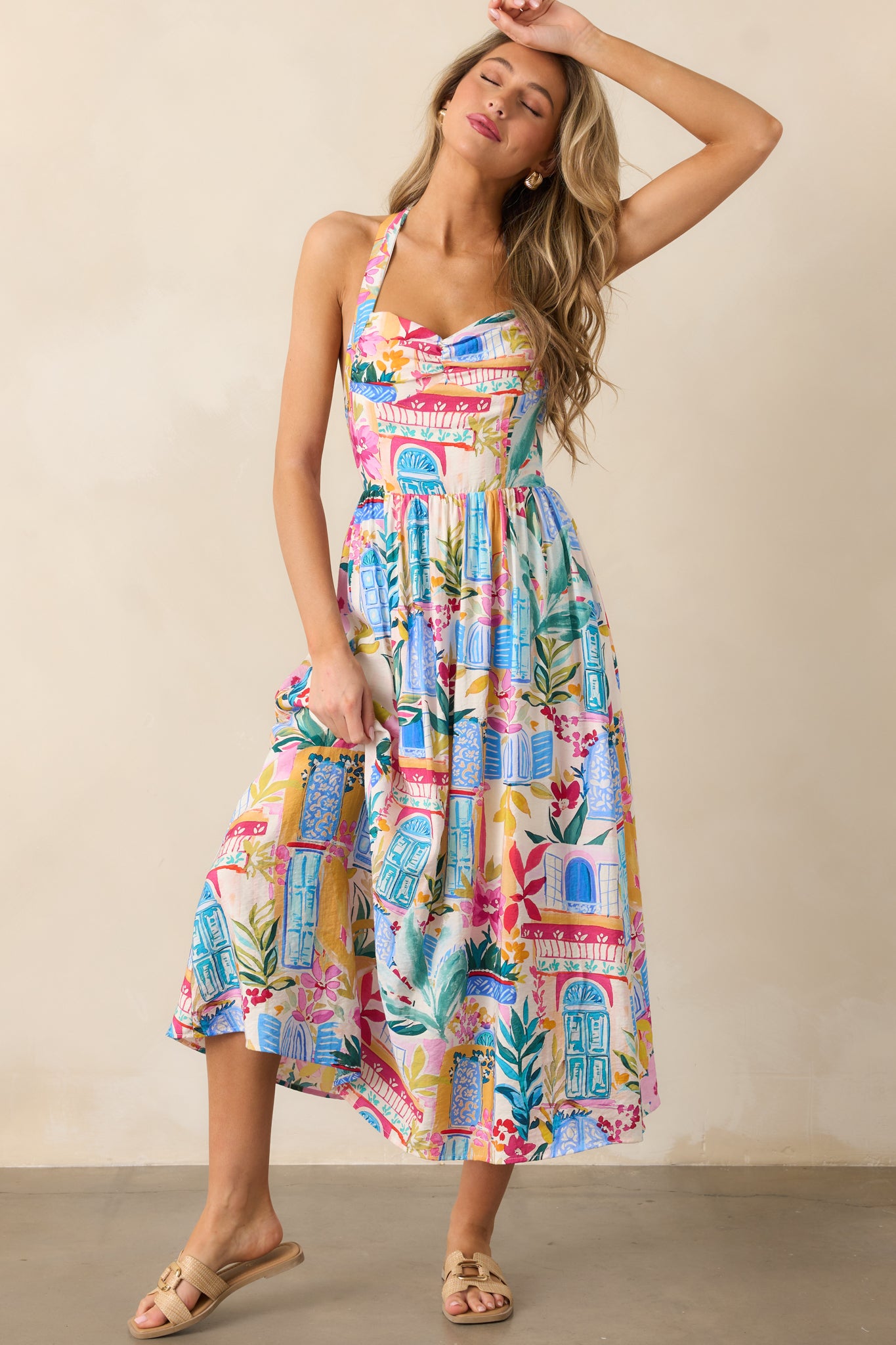 Seaside Brunch Blue Multi Tropical Print Maxi Dress