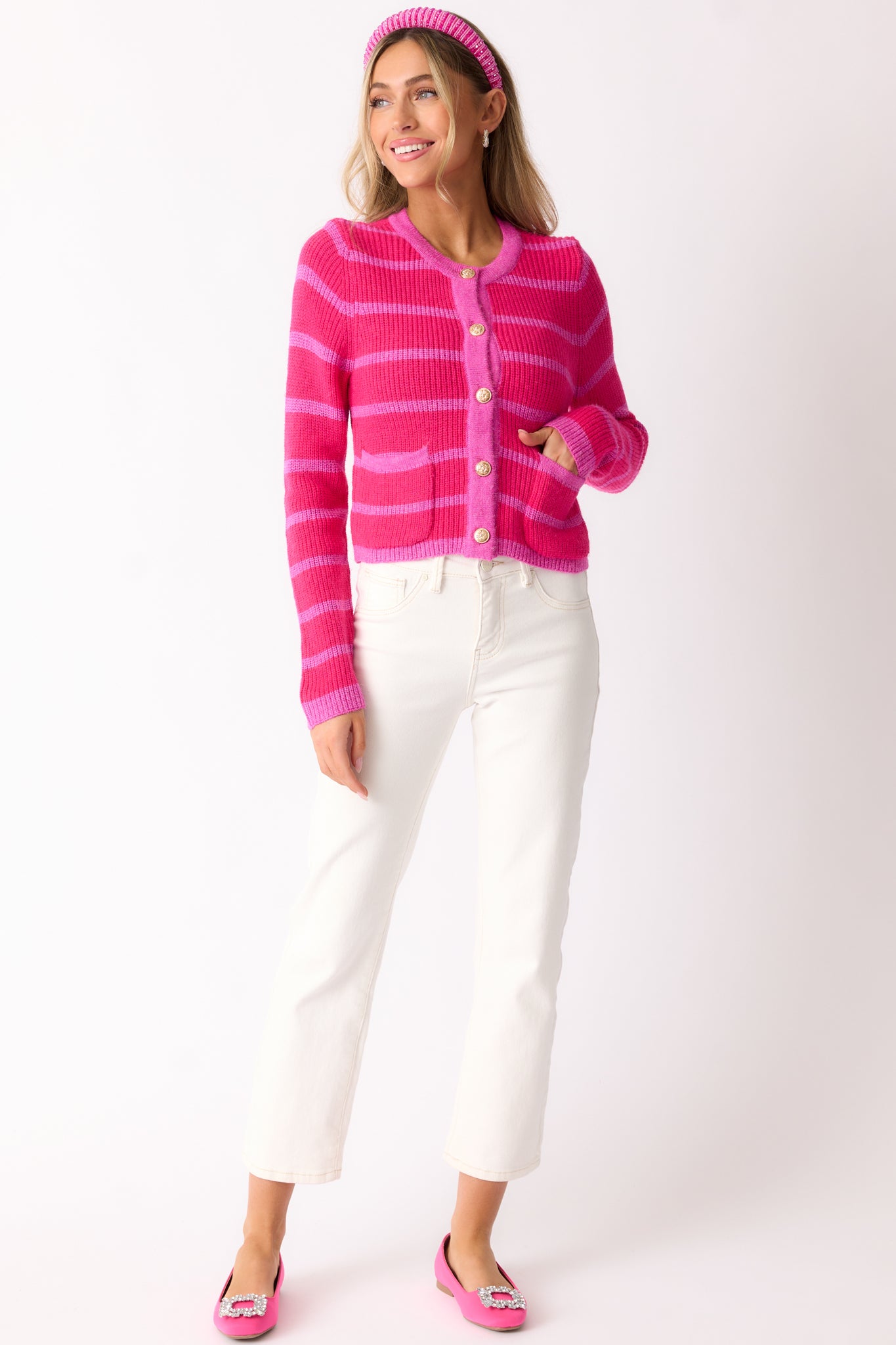 Let's Go Shopping Hot Pink Stripe Button Front Cardigan