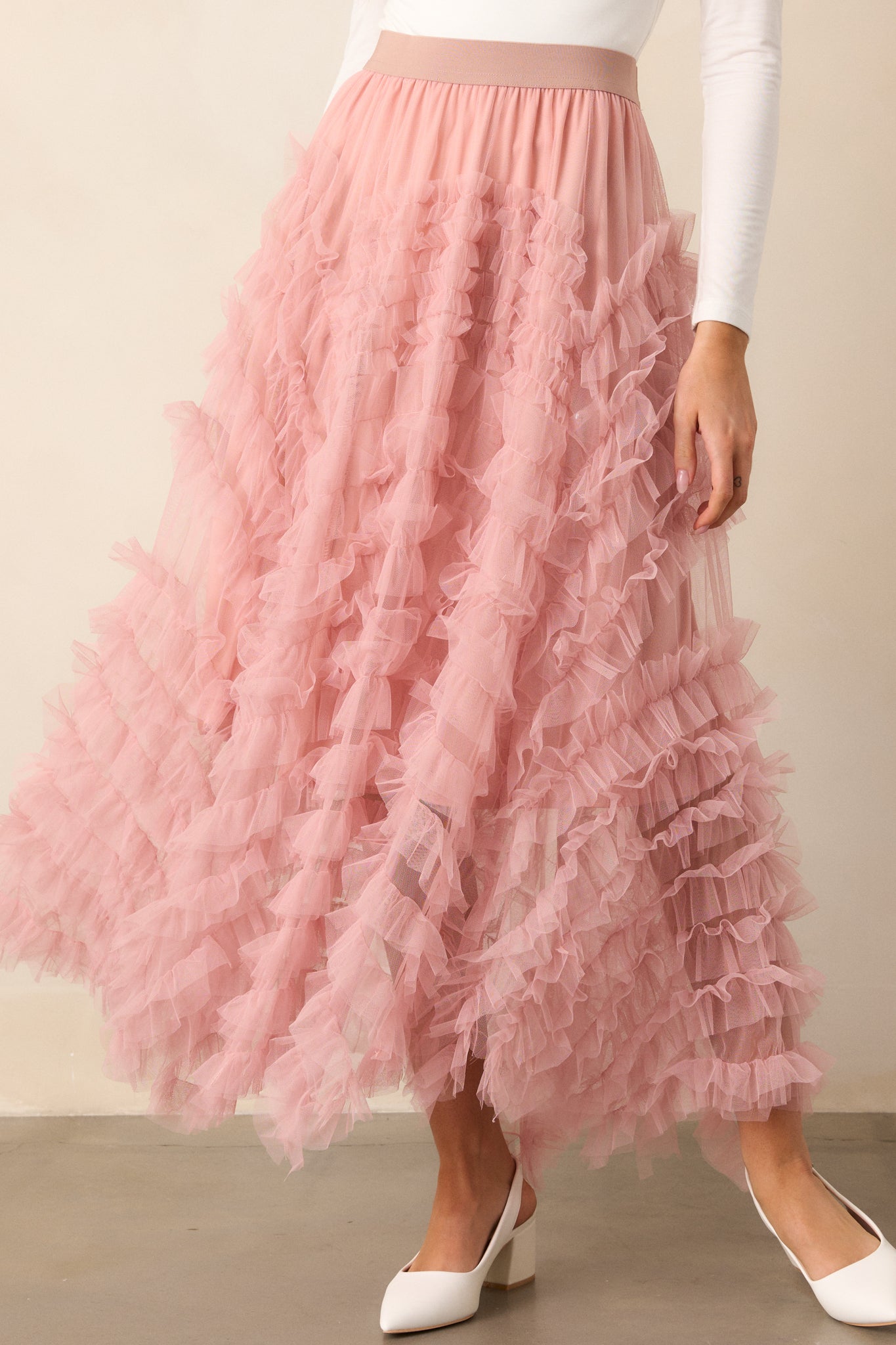 Shopping Spree Rose Tulle Midi Skirt