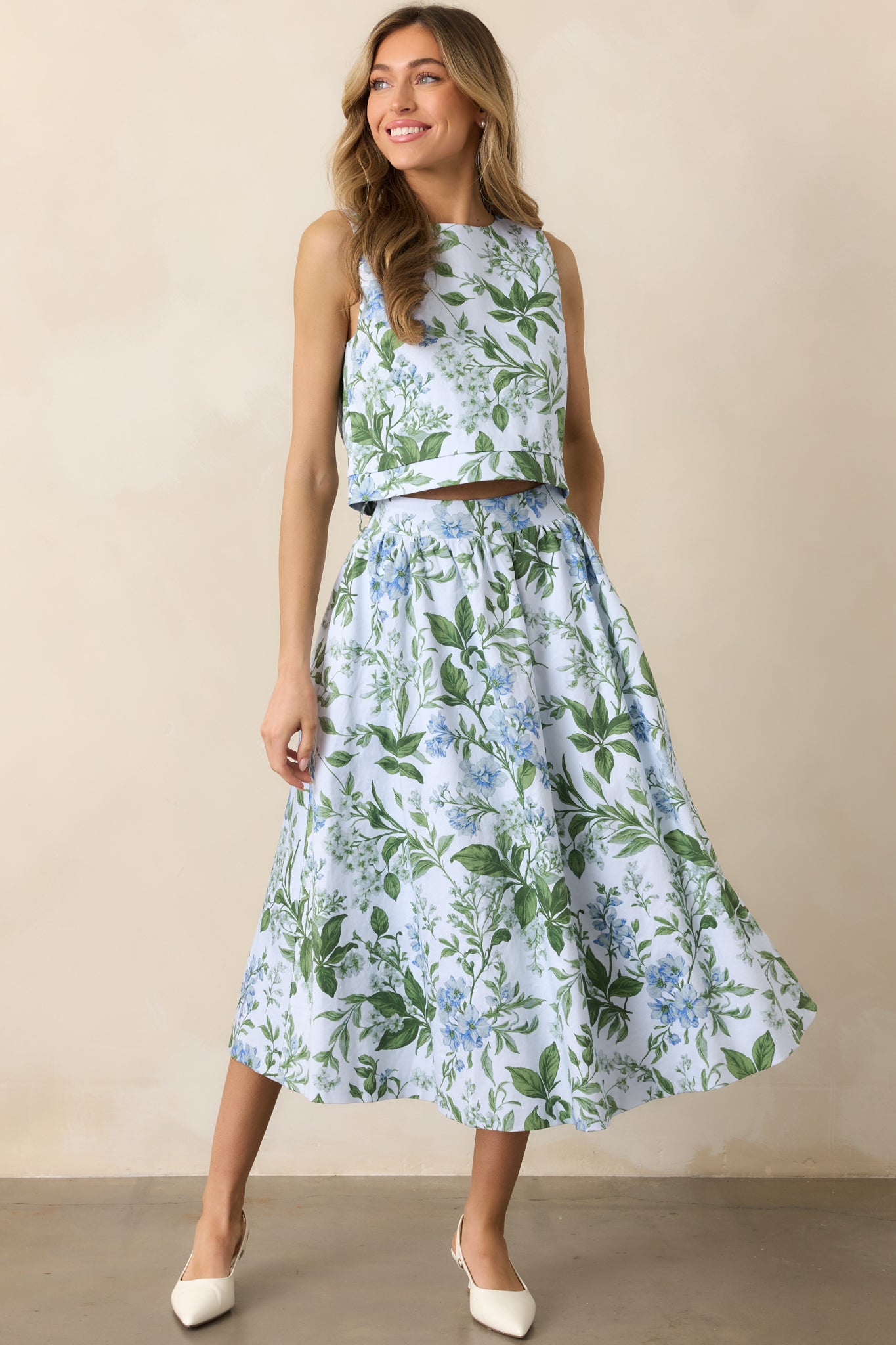 Thena Blue Lilacs Botanical Belted Midi Skirt