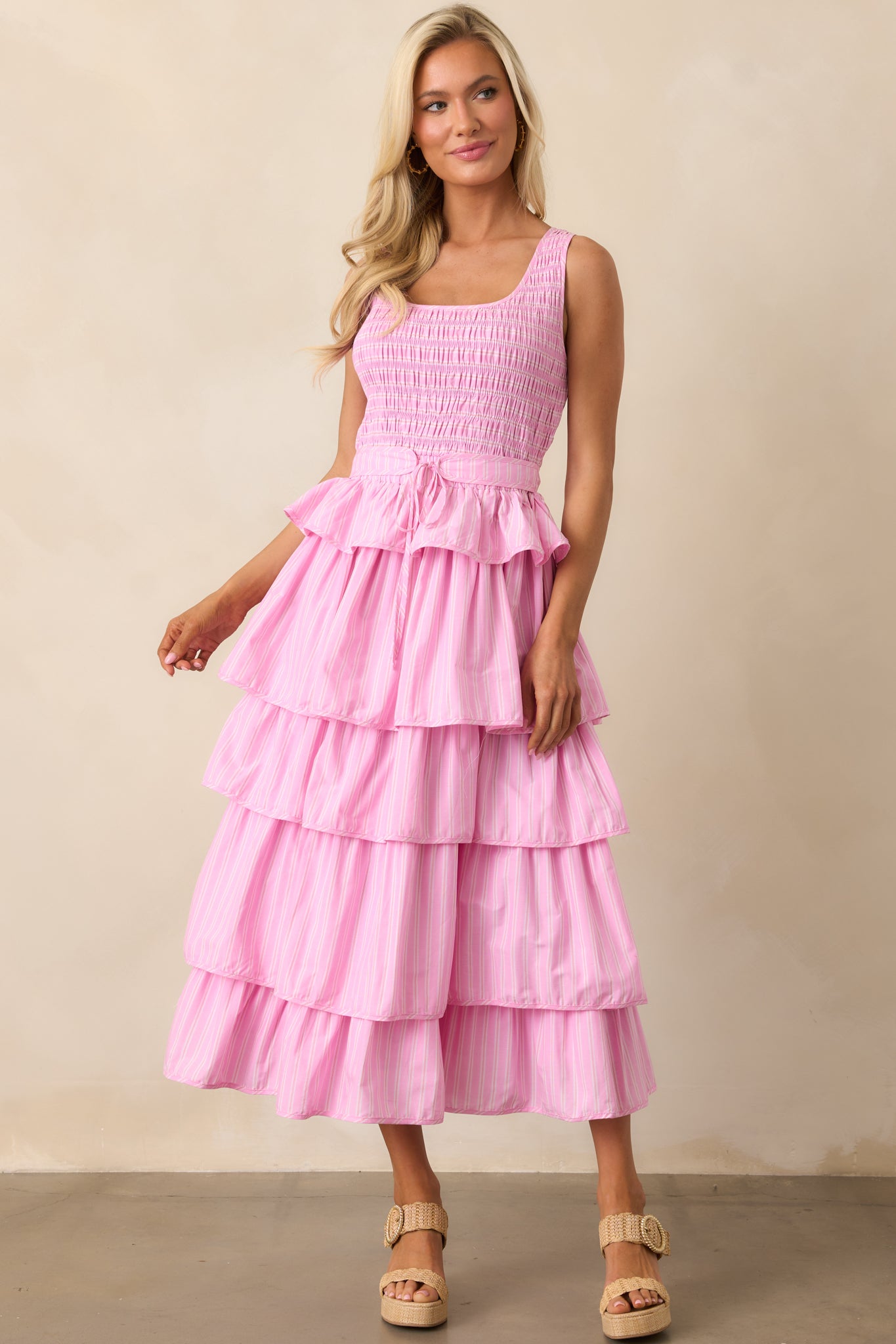 On Cloud Nine Pink Stripe Cotton Ruffle Midi Dress